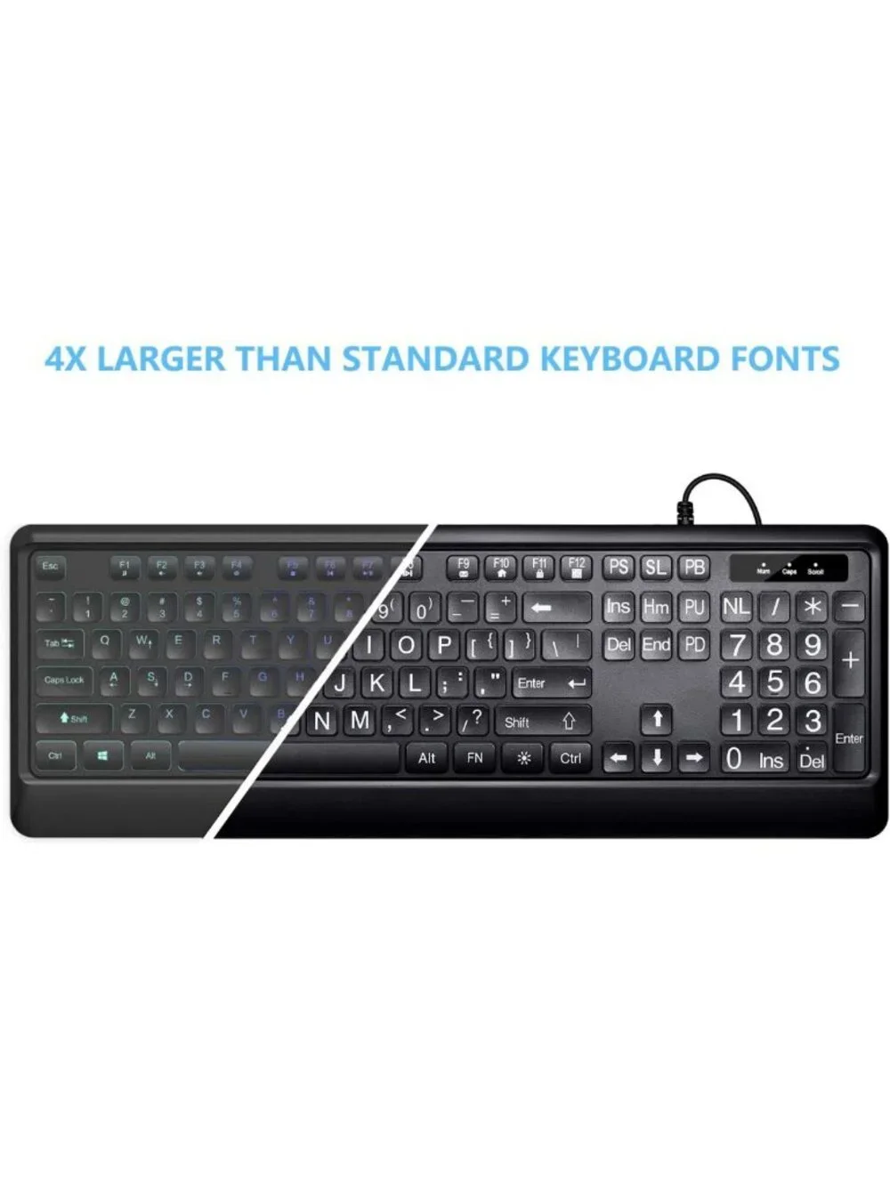 Large Print Backlit USB Wired Keyboard for Windows, PC & Gaming - Full Size, LED